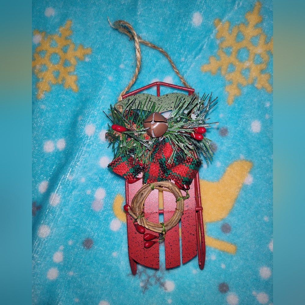 Rustic Red Metal Sled Christmas Ornament Farmhouse Holiday Wall Decor